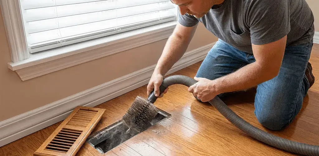 Air duct cleaning technician vacuuming a floor vent and duct opening in Pasadena, CA