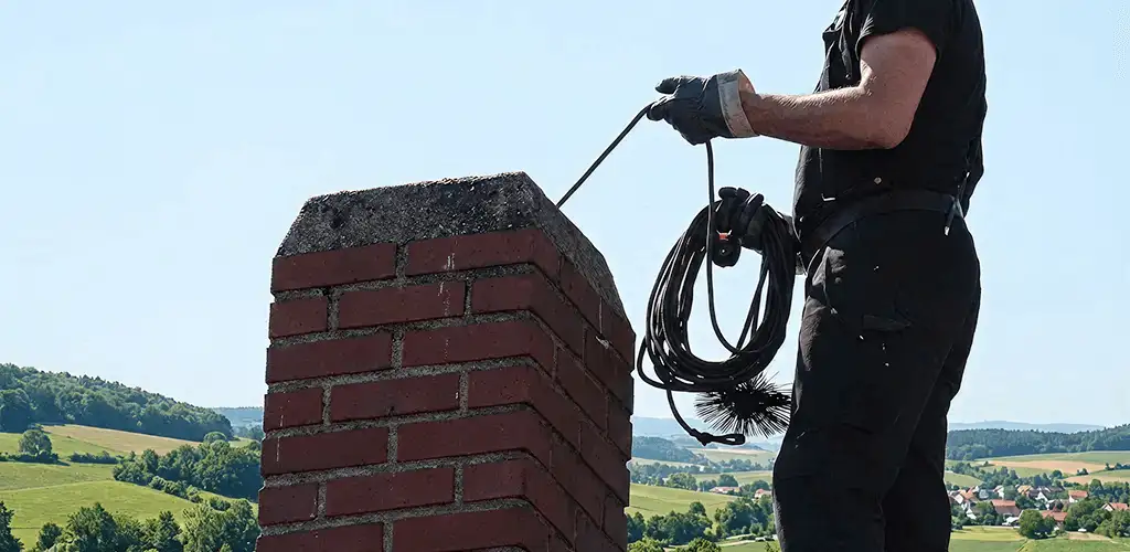 Chimney sweep inspecting and cleaning a rooftop chimney in Pasadena, CA