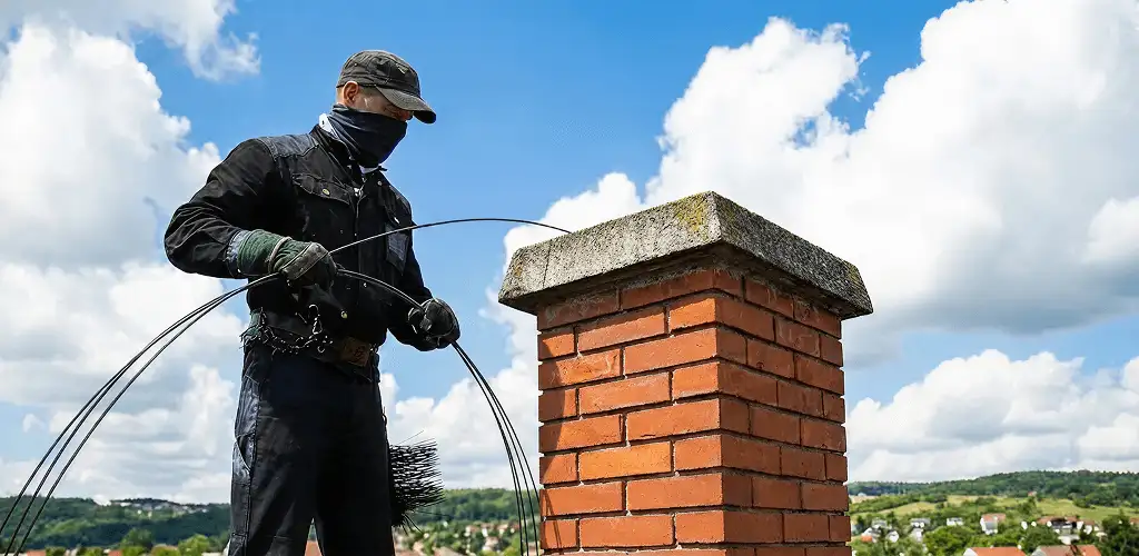 Chimney sweep cleaning a brick chimney with professional tools in Pasadena, CA