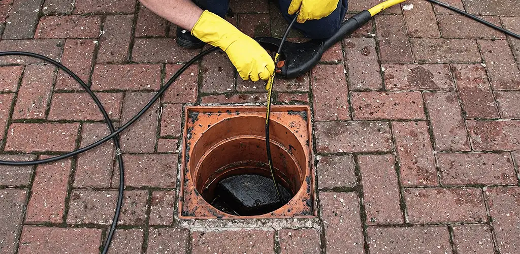 Drain cleaning technician using a drain snake to clear a clogged drain in Pasadena, CA