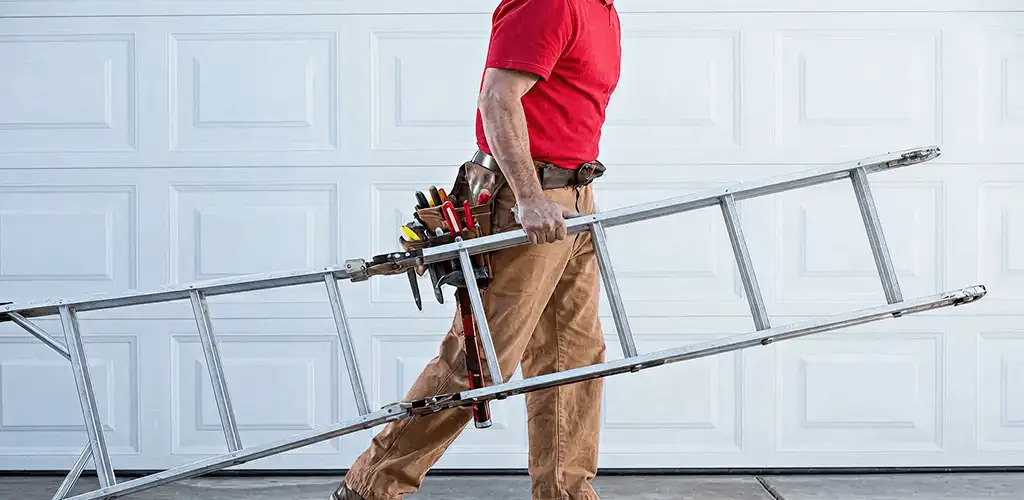 Garage door repair technician arriving with tools and ladder in Pasadena, CA