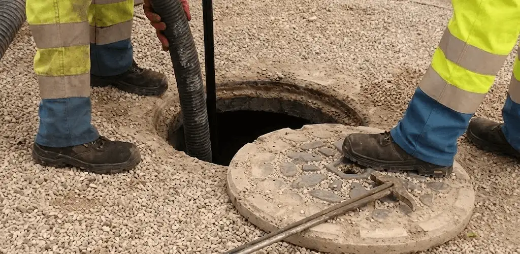 Drain cleaning crew clearing a sewer access point with professional equipment in Pasadena, CA