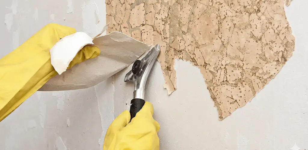Wallpaper removal service stripping old wallpaper from a wall in Pasadena, CA