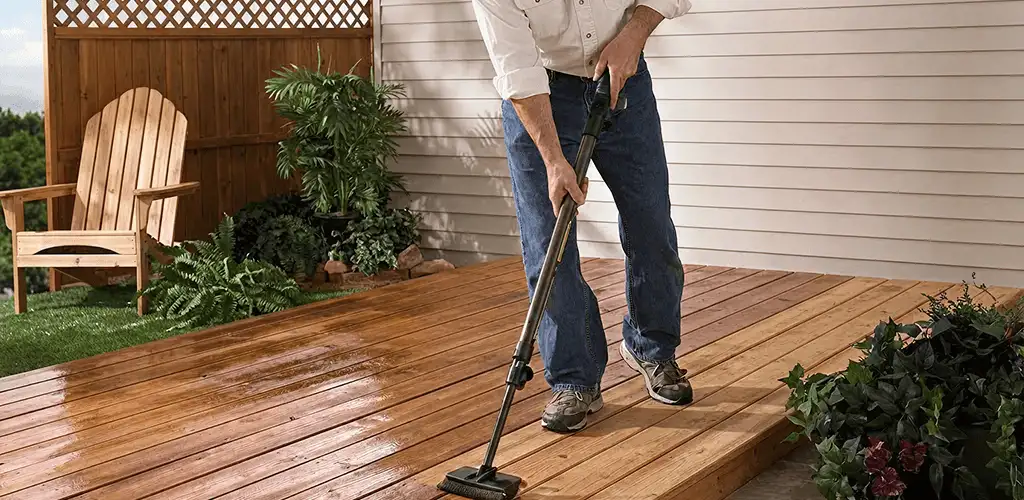 Deck staining service applying stain to a backyard wood deck in Pasadena, CA